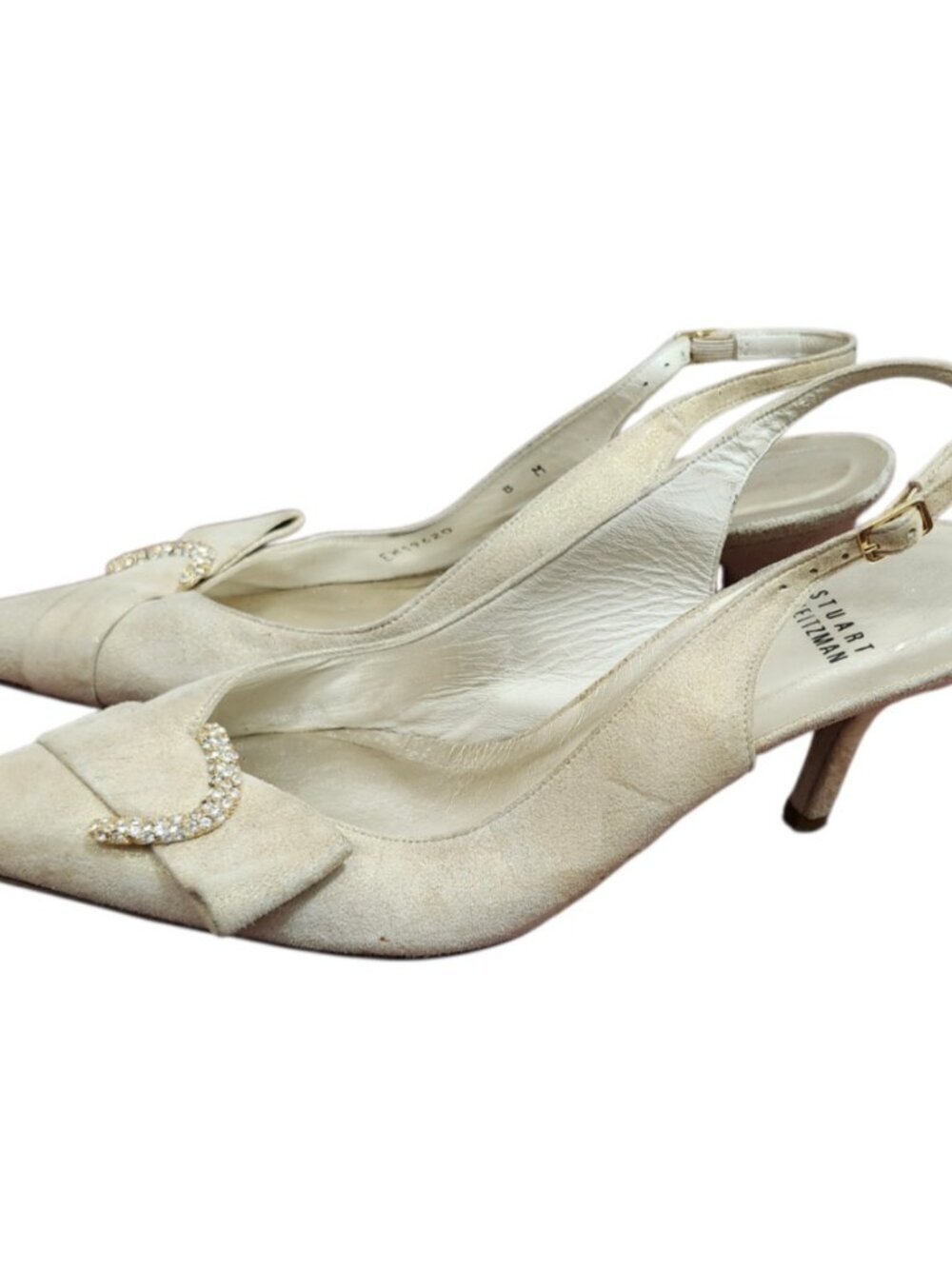 Stuart Weitzman Slingback Heels Beige Suede Rhinestone Buckle Pointed Toe US 8 M - Picture 6 of 11